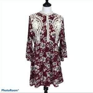Entro high neck 3/4 sleeve back zip burgundy dress with crochet trim